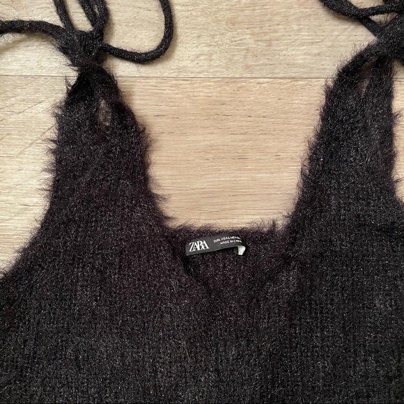 NWOT Zara fuzzy black crop top with tied cami straps - Picture 5 of 6